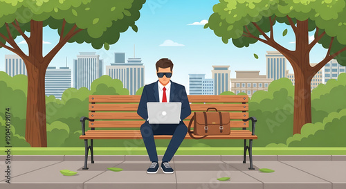 Professional working remotely on a laptop in a tranquil city park, embracing technology and nature for a flexible outdoor office setup