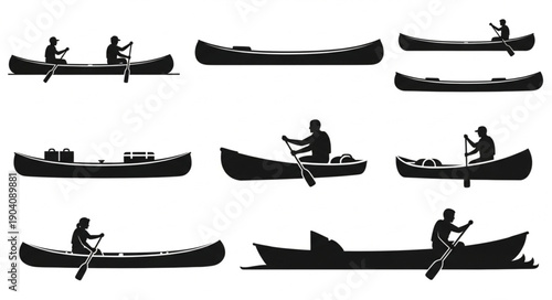 Silhouettes of people paddling canoes on white background.