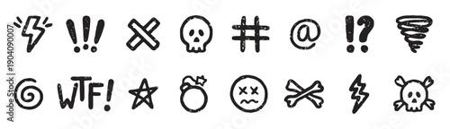 Hand drawn doodle style set of comic book expletive symbols and expressions.