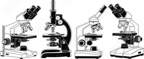 Professional microscope vector set featuring laboratory research equipment, clinical diagnostic tools, scientific study instruments, biology classroom icons, and medical exploration silhouettes.