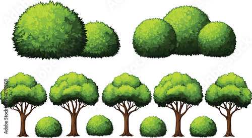 Green trees and bushes illustration set featuring lush foliage, garden plants, landscape elements, nature greenery collection for parks, eco design, game assets, 