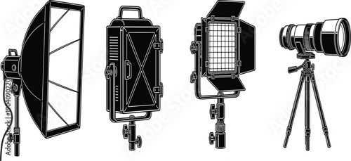 Professional photography studio lighting equipment vector set, camera with tripod and softbox icons, film production tools isolated on white background,