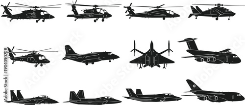 Military aircraft silhouette set featuring helicopters and jets, modern air force vehicles, tactical combat and transport planes, black vector illustrations for defense design projects.