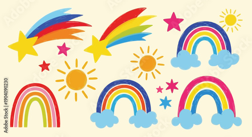 Colorful Rainbows and Shooting Stars Collection for Childrens Design.