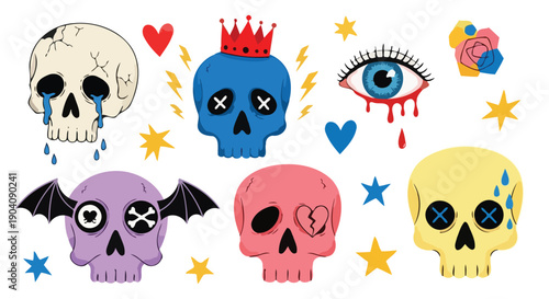 Vibrant and Expressive Skull Art Collection with Diverse Styles and Embellishments.