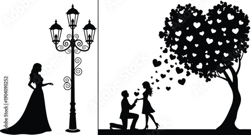 Romantic silhouette set featuring a marriage proposal under a heart tree, a woman by a street lamp, and love symbols.
