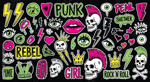 Vibrant collection of punk rock and rebel themed stickers and patches.