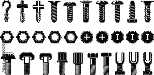Screw bolt nut head types, fastener drive styles, mechanical hardware components, construction tools, engineering parts, DIY fixings, industrial metal connectors