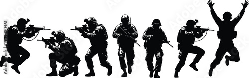 Military soldier silhouette set showing tactical combat poses, armed forces action scenes, special operations 