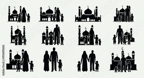 Silhouettes of Muslim families in front of mosques.
