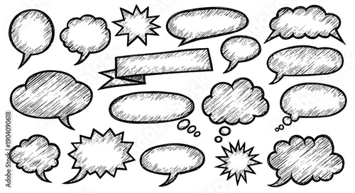 Hand-drawn sketch style speech bubbles and thought clouds collection.