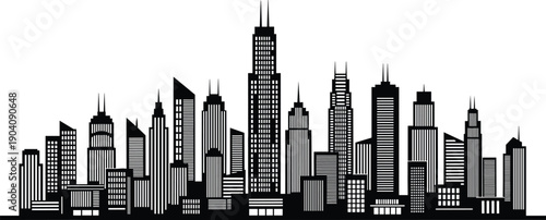 Modern city skyline silhouette illustration featuring urban skyscrapers, downtown architecture, metropolitan buildings, minimal black vector design 