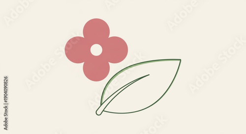 Pink flower with green leaf on beige background simple floral design