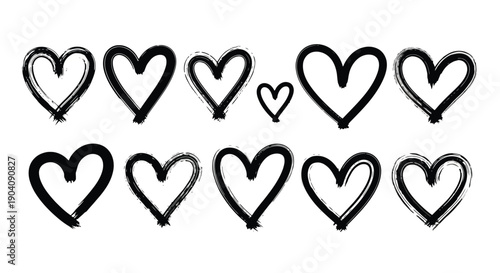 Hand drawn black heart shapes set for love and romance designs.