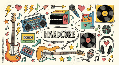 Hardcore Music Doodle Collection with Guitars, Boombox, Records, and Cassettes.