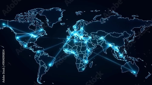 Luminous nodes and pulsating lines connecting factories and hubs with moving packages on a dark global map concept of supply chain and logistics network