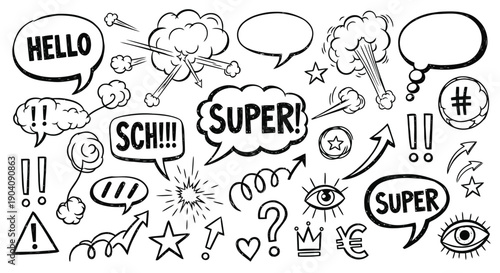 Hand drawn comic speech bubbles and explosion elements set.