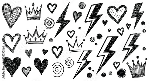 Hand drawn doodle set with hearts crowns and lightning bolts.
