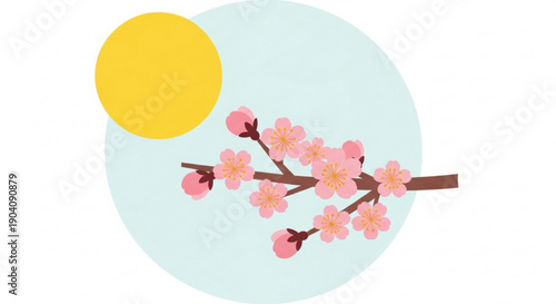 Pink cherry blossoms on a branch with a yellow sun in a light blue circle