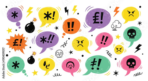 Colorful speech bubbles with various symbols representing anger and frustration.