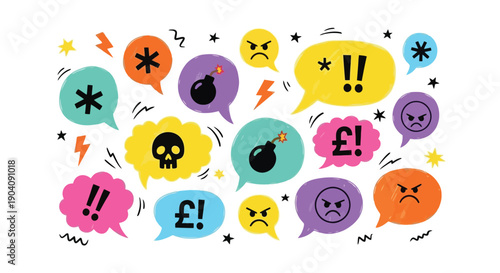 Speech bubbles with angry and swearing symbols.