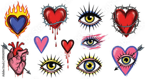 Set of various heart and eye tattoo designs in old school style.