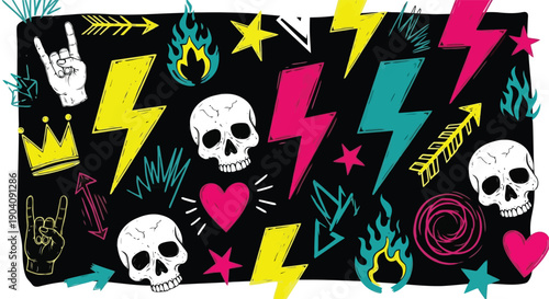 Vibrant rock and roll doodle art with skulls lightning bolts and hearts.