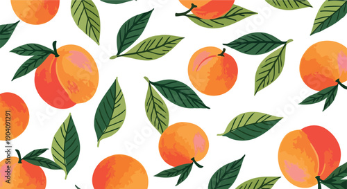 Vibrant watercolor peaches and green leaves create a fresh and fruity pattern.