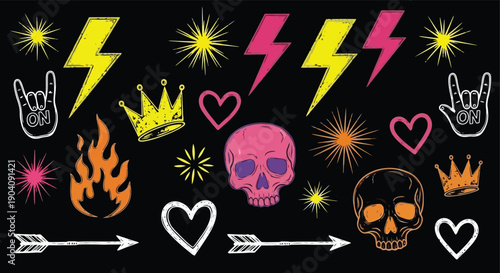 Vibrant collection of rock and roll themed graphic elements.