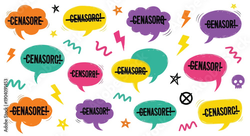 Censored speech bubbles with crossed out text and expressive symbols.