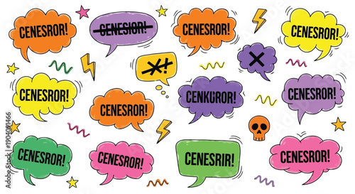 Collection of colorful comic speech bubbles with censored text and symbols.