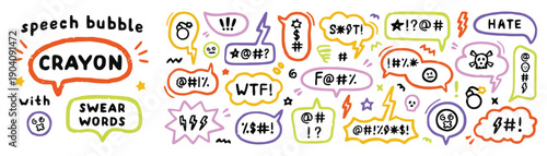 Crayon Drawn Speech Bubbles with Swear Words and Exclamations.