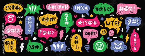 Colorful Hand Drawn Swear Speech Bubbles with Expletives and Symbols.