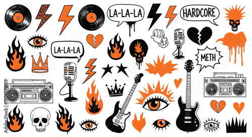 Set of hand drawn rock and roll music themed doodle elements.