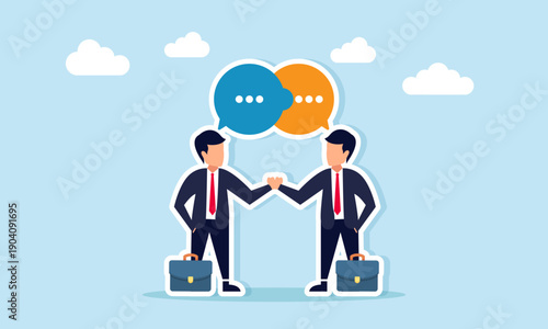 Two businessmen shaking hands with connected speech bubbles illustration of agreement and approval between business partners