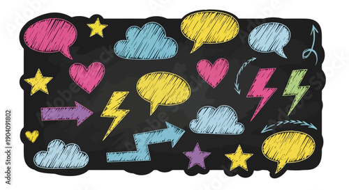 Chalkboard with colorful hand drawn speech bubbles and various symbols.