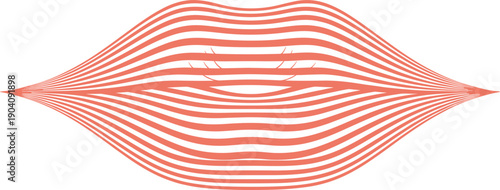 Abstract vector illustration of coral red lips made of wavy stripes, modern geometric mouth icon for beauty, makeup, and fashion logo design.