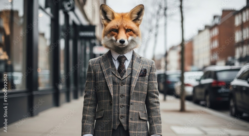Naklejka premium A fox in a tailored suit stands on a sidewalk, merging animal and human characteristics