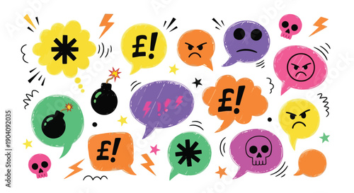 Colorful speech bubbles with expletive symbols and angry faces.