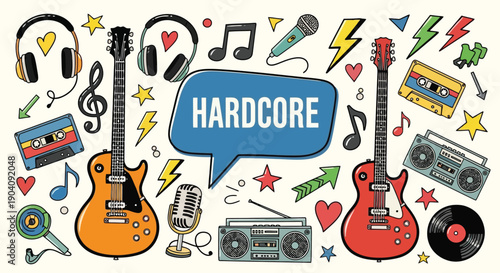 Hardcore Music Doodle Set with Guitars Headphones and Boombox.