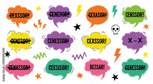 Censored speech bubbles with expletive words graphic design elements.
