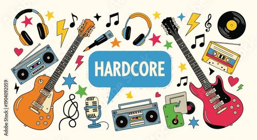 Hardcore Music Culture Doodle Illustration with Guitars and Audio Equipment.