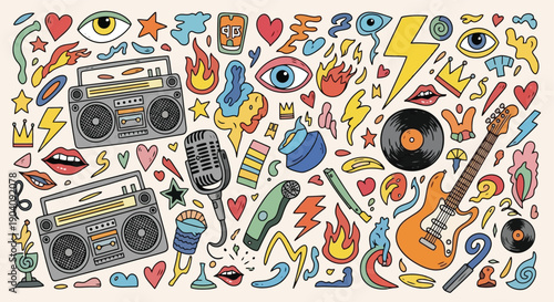 Vibrant doodle art collection of music and pop culture elements.