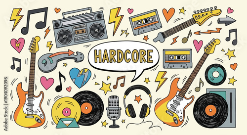 Hardcore Music Doodle Art with Guitars Boombox and Vinyl Records.