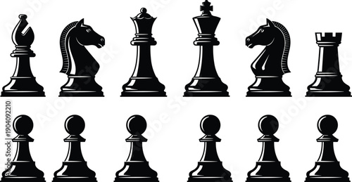Black chess pieces collection set featuring king queen bishop knight rook and pawns isolated on white background for strategy game design