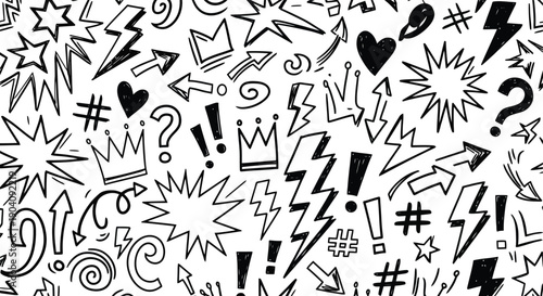 Dynamic hand drawn doodle pattern with various expressive symbols.