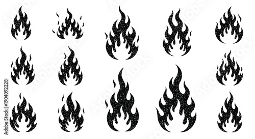 Collection of various fire flame shapes and sizes in black silhouette.