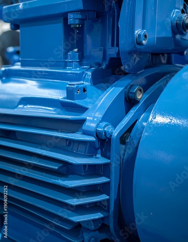 Up-close view of bright blue industrial machinery with parallel linear lines and metallic fasteners in sharp focus