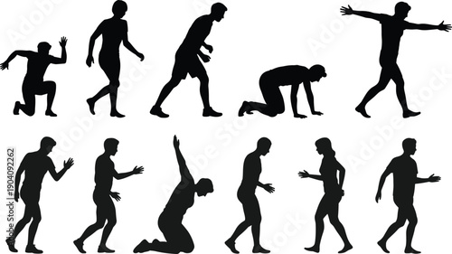 Human silhouette walking and action poses set, male body movement gestures, dynamic motion collection, black shadow illustration, isolated white background