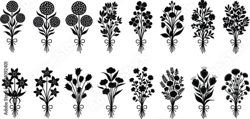 Black flower bouquet silhouette vector set featuring various floral arrangements and tied bundles isolated on white background for wedding design